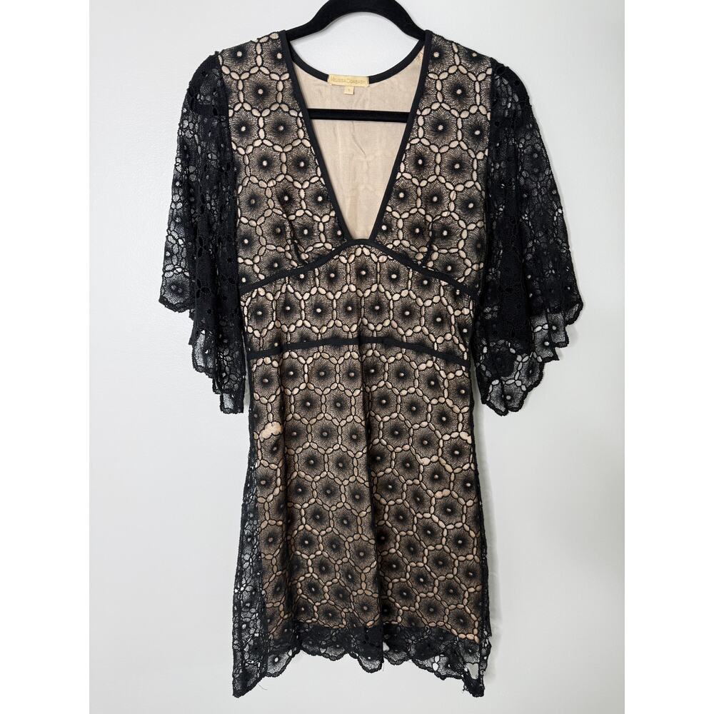 Melissa Odabash Black Lace Crochet V-neck Bat Wing Boho Mini Dress Small FLAWED